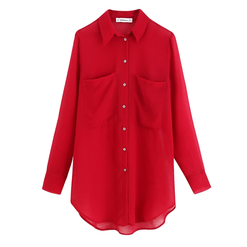 

Women Spring Autumn Long Chiffon Blouse Turn Down Collar Pockets Sleeves Casual Loose Shirts Ladies Solid Tops WB9572