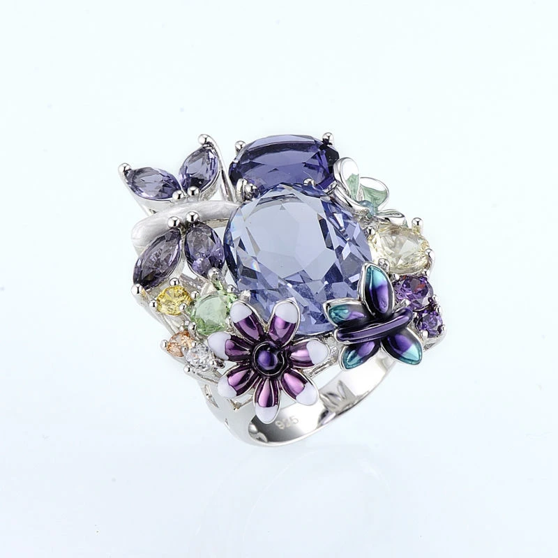Anillo de cristal esmaltado hecho a mano para mujer, sortija elegante con diseño de mariposa y flores, joyería de lujo para dedo, banquete de boda| - AliExpress