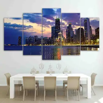 

5 pieces canvas art busy city chicago evening poster canvas painting wall pictures for living room home decor