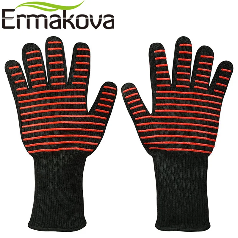 ERMAKOVA BBQ Gloves Heat Resistant Grill Gloves Non-slip Silicone Coated Pot Holders Oven Mitts Cooking Baking BBQ Grilling Tool