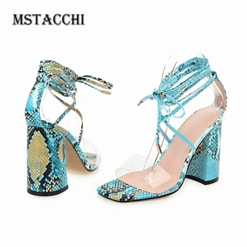 

MStacchi 2020 Fashion Women Sandals PVC Snake Pattern Shank Strap Hoof Heels Shoes Woman Sandals Party Night Club Ladies Shoes