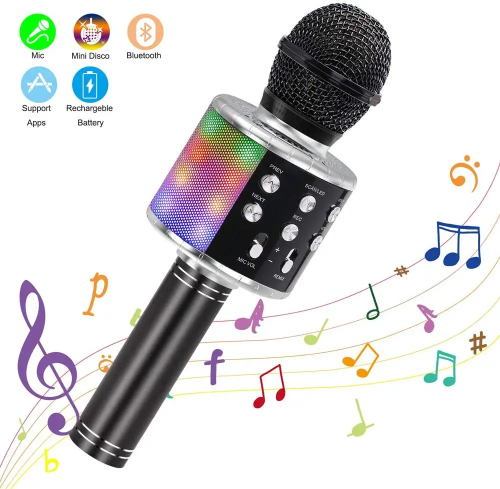Wireless Bluetooth Karaoke Microphone, Portable Speaker Machine, Handheld Home KTV Player with Record Function