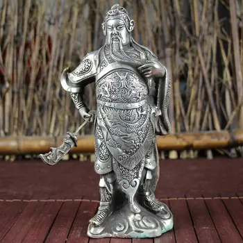 

China Old Feng Shui Ornaments White Copper Silver Plating Guan Gong Statue Home Decoration