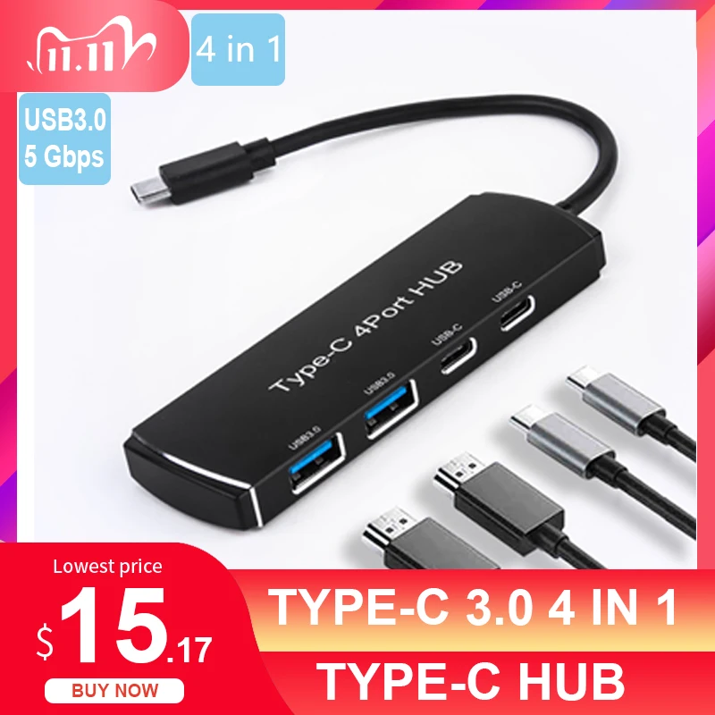 

4-Port USB 3.0 & USB-C Ultra Slim Data Hub for Macbook, Mac Pro/mini, iMac, Surface Pro, XPS, Notebook PC etc