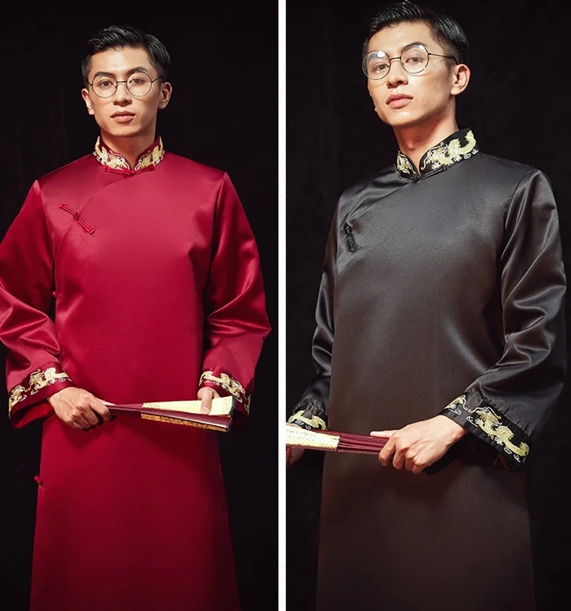 Традиционная китайская одежда для мужчин, мужской костюм Чонсам с воротником-стойкой, мужской халат, традиционное китайское свадебное платье KK3019