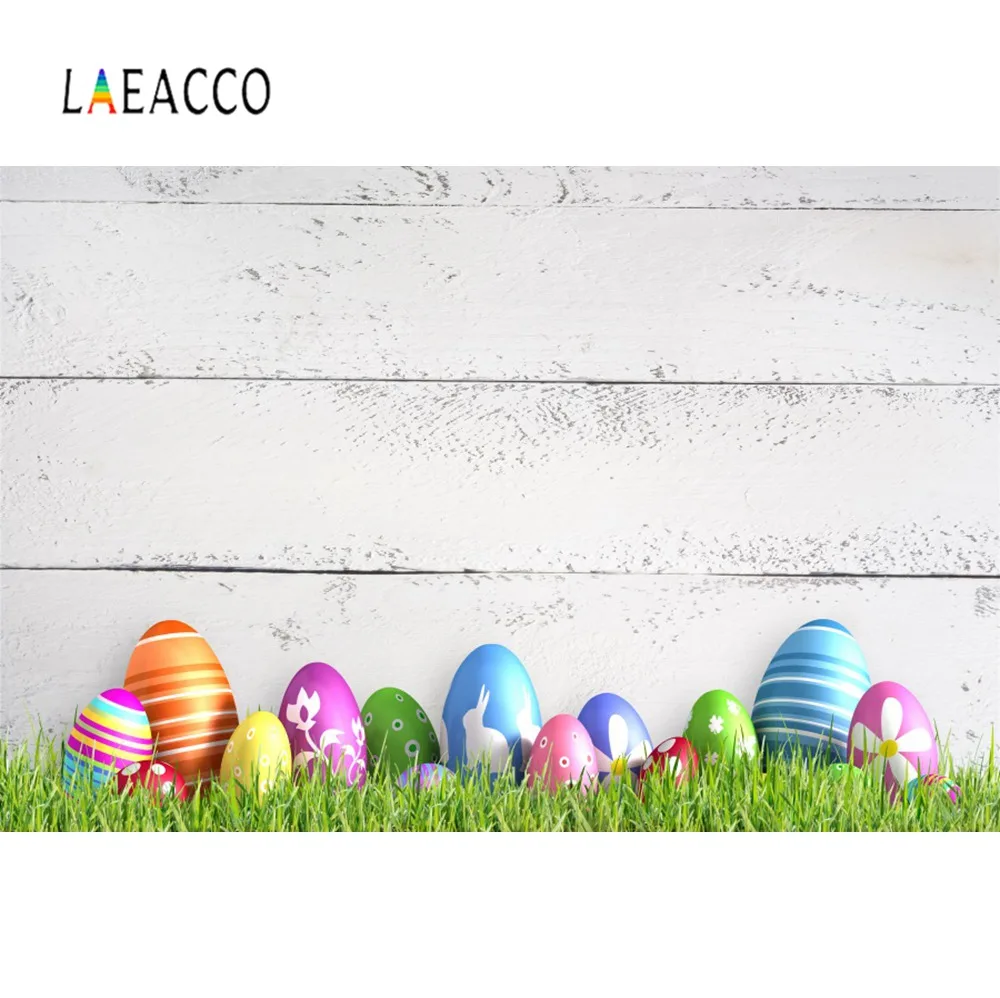 

Laeacco Gray Wood Backgrounds Planks Board Green Grass Happy Easter Day Eggs Baby Child Photo Backdrops Photocall Photo Studio