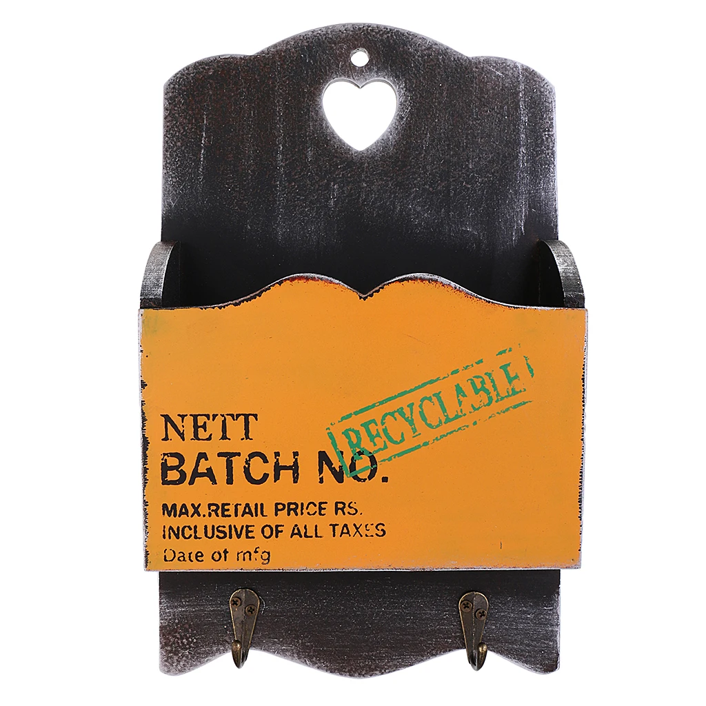 Wooden Mail Letter Holder Key Rack Organizer Wall Mount w/ 2 Hook Decor for Home Garden House Cafe Shop Ornament