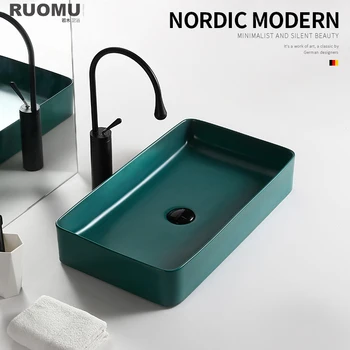 

Modern Creative Matte Dark Green Bathroom Sink Hotel Ceramic Basin Bathroom Basin Vessel Countertop Bathroom Sink Bowl