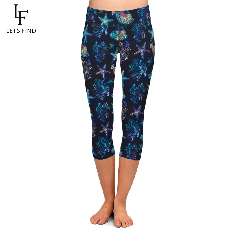 LETSFIND Beautiful Starfish and Fish Print Women Capri Legging High Waist Plus Size Mid-Calf 3/4 Stretch Black Leggings LETSFIND Beautiful Starfish and Fish Print Women Capri Legging High Waist Plus Size Mid-Calf 3/4 Stretch Black Leggings