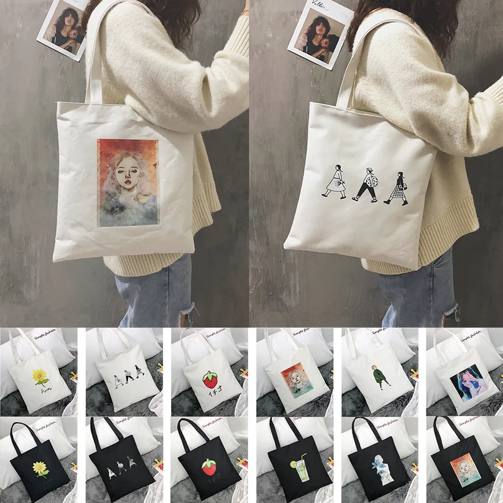 

Shopping Bag Fashion Women Canvas Tote Bags Printing eco Bag Cartoon bolsa de compras Shopper Shoulder Bags