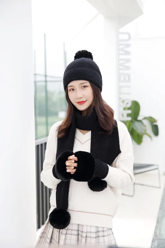 Winter Knitted Wool Hat Scarf Gloves Set Warm Three sets Women Men Plus velvet thickening women ball caps scarf girls