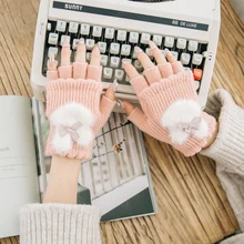 Милые перчатки зимние женские без пальцев Guantes Femme Rabbit luvas толстые теплые рукавички пэчворк Handschuhe для студентов и девушек
