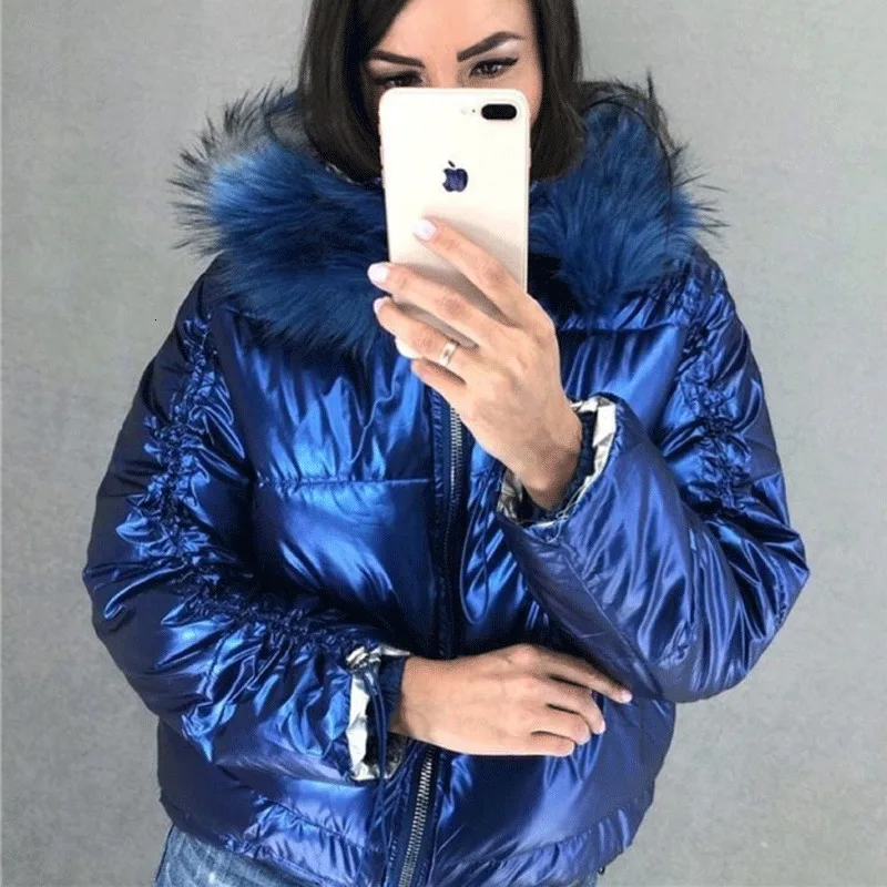 Теплое зимнее пальто с капюшоном для женщин короткая яркая кожа розовый