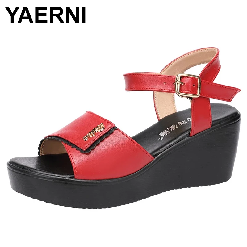 

YAERNISoft Bottom Middle Heel Mother Sandals Women Summer 2021 New Platform Large Size 41 42 43 Wedge Sandals