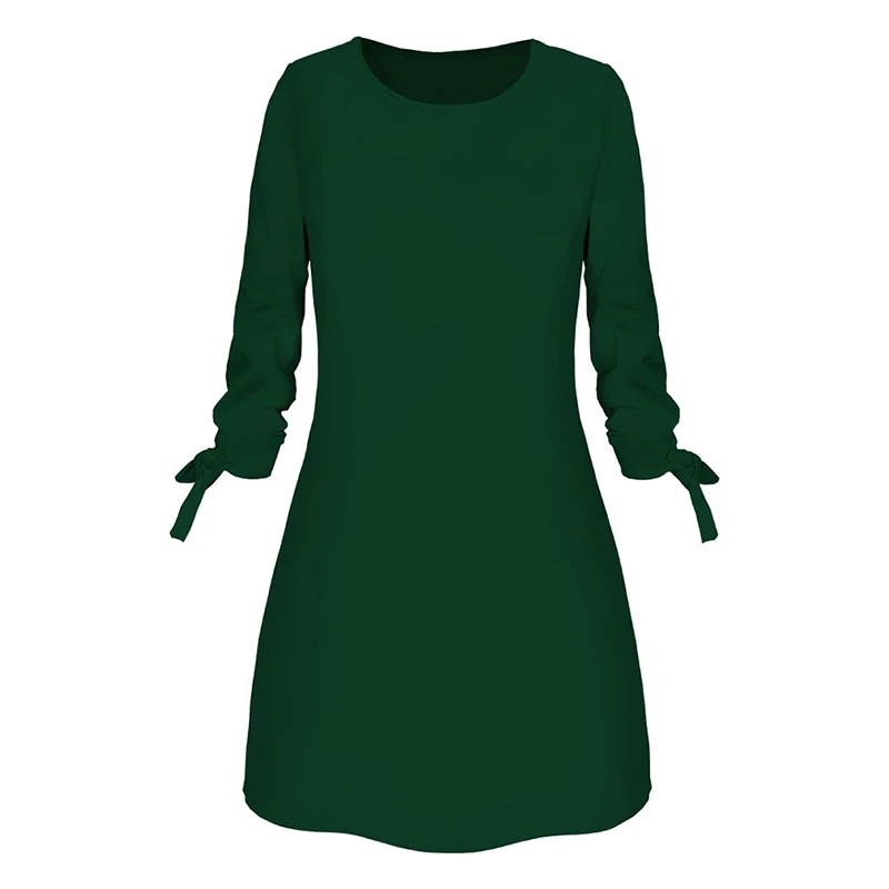 Модное однотонное платье на осень повседневные свободные платья с круглым вырезом элегантное пляжное Короткое мини-платье с бантом и рукавами 3/4, большие размеры, вечерние платья - Цвет: green