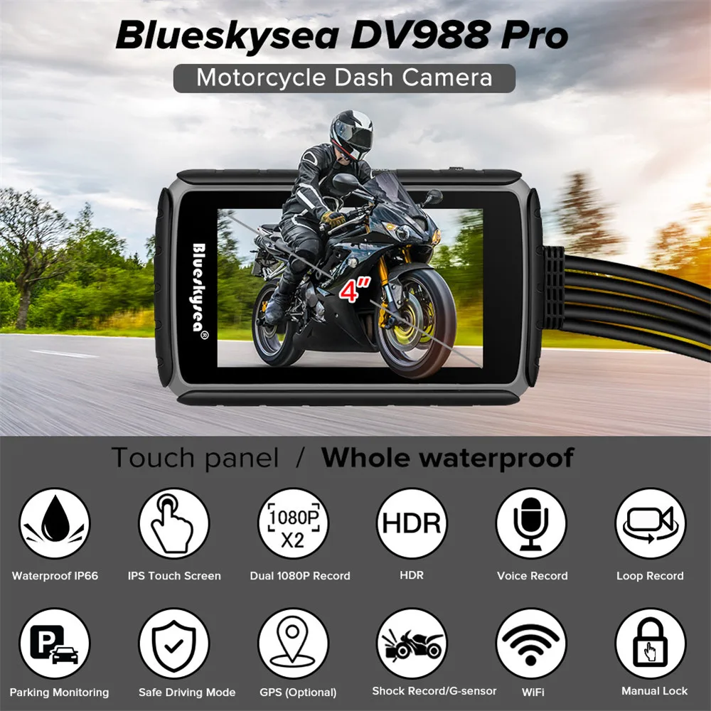 Blueskysea Caméra de Moto 1080p 30fps Double Objectif Grand Angle 140 Degrés Enregistrement de Moto DVR avec Ecran Tactile 4 `` IPS Enregistrement en Boucle Etanche avec Mode GPS DV988 