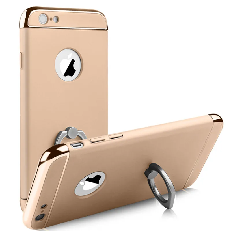 Роскошный чехол с 3D алюминиевым кольцом-подставкой для iPhone 7, 6, 6S Plus, съемный чехол для телефона с полной защитой 360, чехол для iPhone 5, S, 5S, SE - Цвет: Golden