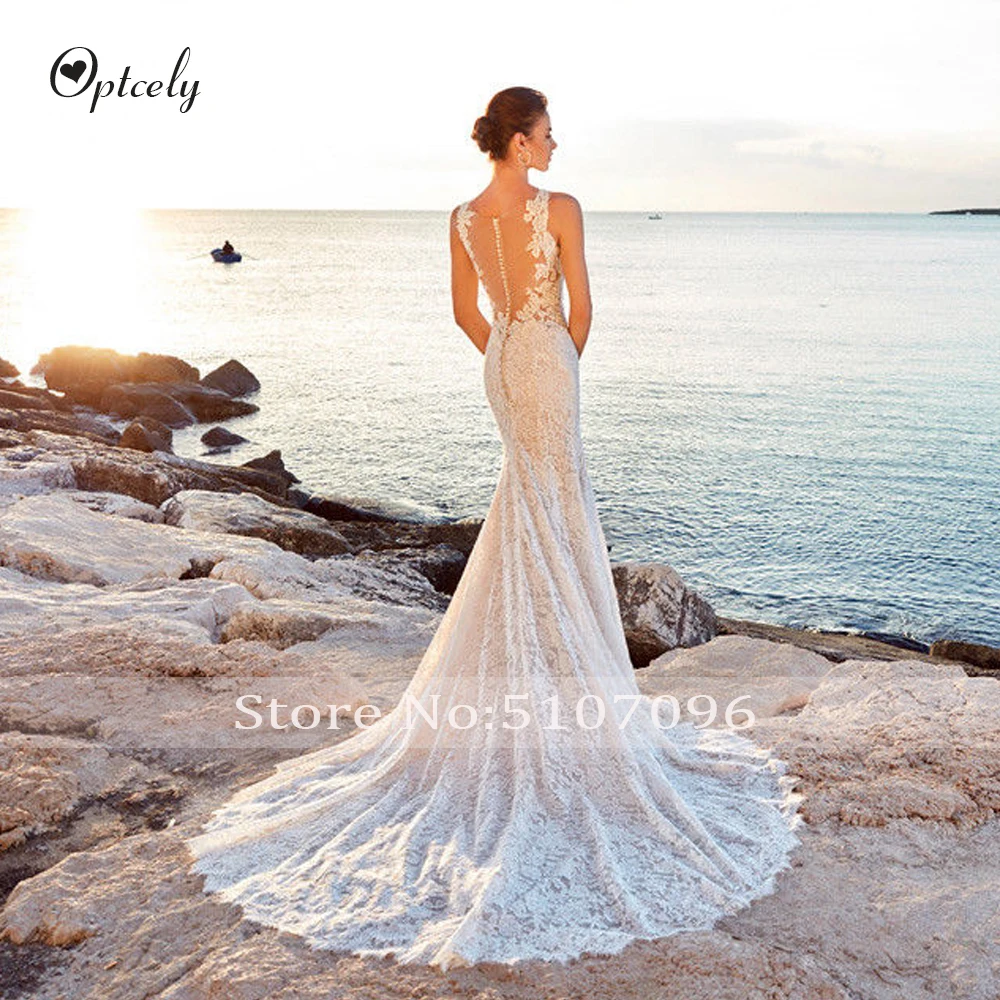 Optcely Robe De Mariee, принцесса, свадебное, сексуальное, Русалка, без бретелек, Круглый ворот, кружевное, свадебное платье, с аппликацией, свадебное платье мечты