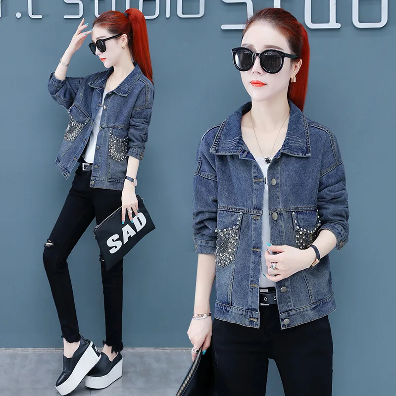 

New Style Fashion Casual Jeans Coat Women's 2019 Autumn Rough Mad Western Style Elegant Trend Fold-down Collar Jeans Coat