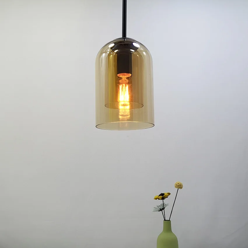 Подвесной светильник из скандинавского стекла, современный простой серый Янтарный двухслойный подвесной светильник для ресторана, кафе, столовой
