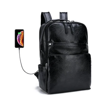 

Men Backpack External USB Charge PU Waterproof Travel Backpack Fashion School Bags Casual Leather Book bag Male mochila