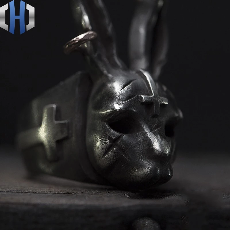 Дизайн ручной работы серебряное темное кольцо «кролик» панк крест кролик 925 Серебряное кольцо для мужчин