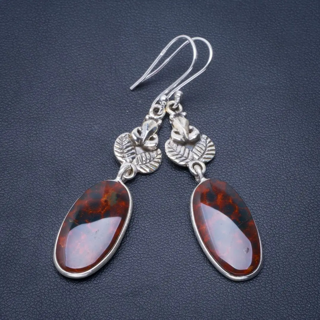

Natural Blood Stone Handmade Unique 925 Sterling Silver Earrings 2.5" B2327
