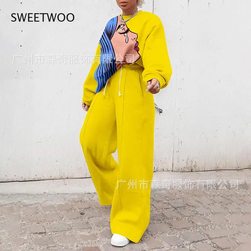 Women Autumn Winter Elegant Print Tops Two-Piece Sets New Fashion Casual Sweatshirt and Wide Leg Pants Suit Streetwear Tracksuit