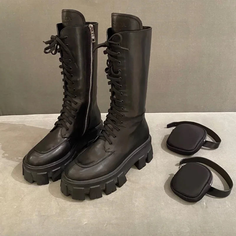 Autumn and Winter Show Style Martin Boots 2020 Women's Leather Muffin Thick Bottom Pocket Purse Motorcycle Mid Tube Knight Boots