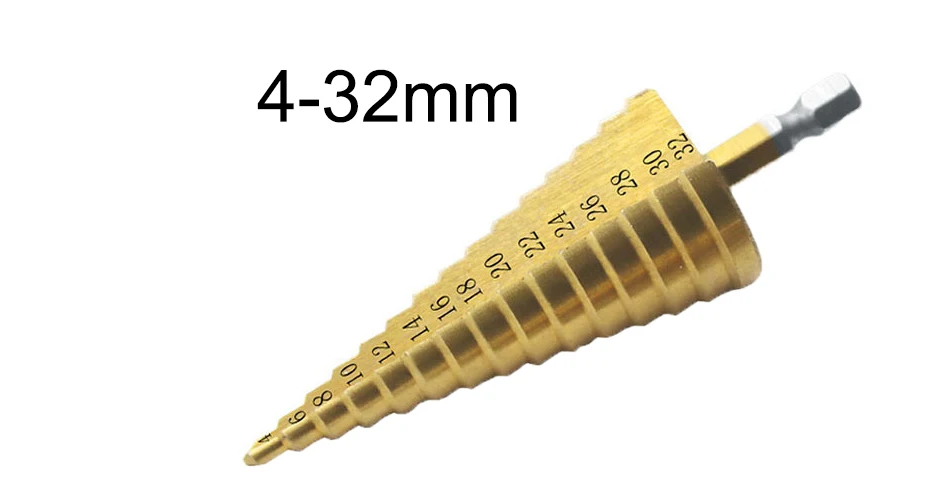 

Geoeon 4-32mm HSS Ladder Drill Bit Blacksmith Taper Bit Step Cone Drill Woodworking Tools Titanium Plating Drill Bit A95