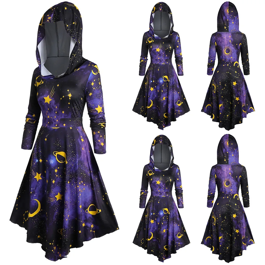 JAYCOSIN/платье-накидка для женщин; большие размеры; длинный рукав; с капюшоном; Звездная Галактика; принт; Осень-зима; Повседневное платье-плащ; Vestido 19Sep27