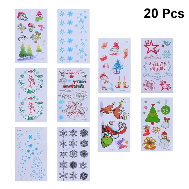 20 SheetsChristmas тату наклейки Красочные мультфильм Рождественская елка снежинка шаблон Водонепроницаемый Временные татуировки для декора детей