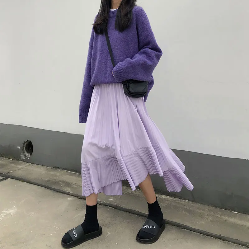 Осень и зима корейский стиль сплошной цвет вязаный фиолетовый теплый свитер женские свитера и пуловеры(X1187