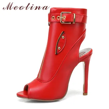 

Meotina Summer Boots Sandals Women Zipper Thin High Heels Party Shoes Sexy Buckle Peep Toe Sandals Lady Red 2020 Plus Size 34-46
