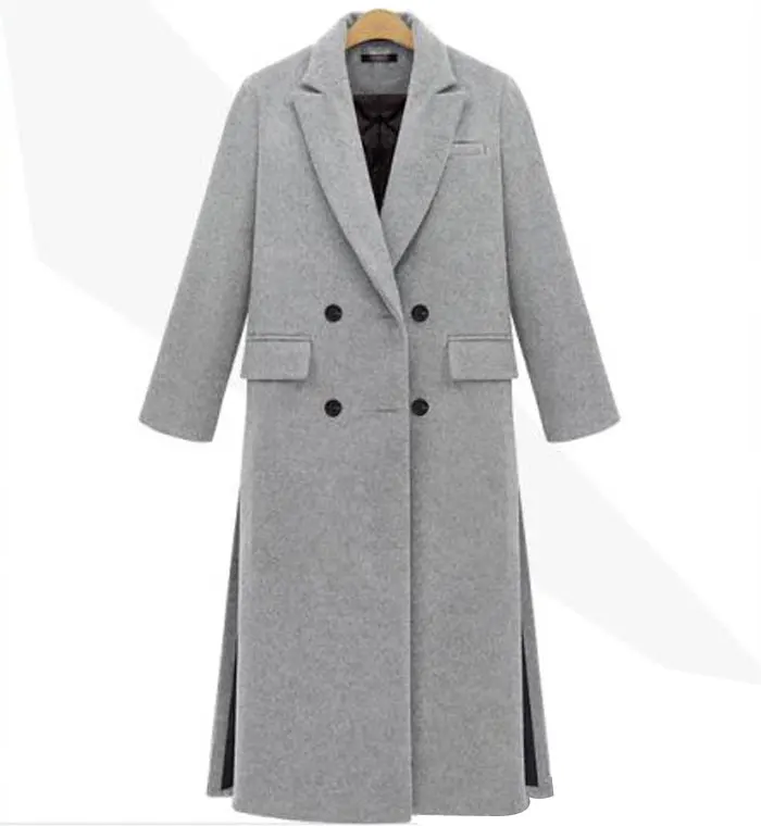 British New Spring / Winter Women Simple Grey White Woolen Cashmere Long Coat Maxi Female Overcoat Casacos Manteau Femme