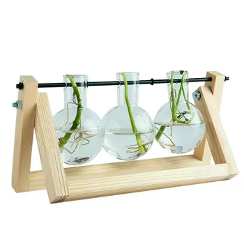 

Desktop Glass Planter Bulb Vase with Retro Solid Wooden Stand and Metal Swivel Holder for Hydroponics Plants Home Office Decor