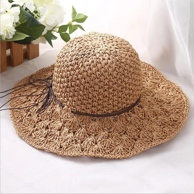 Бесплатная доставка Лето 2017 г. Новый для женщин полые вязаные шапки купол сетки для соломенная складная шляпа Защита от солнца Шляпа