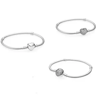 

Fashion Pan Moments S925 Silver Charm Simple Basic Snake Bracelet Gift for Women Jewelry DIY beaded heart Bracelet Bangles