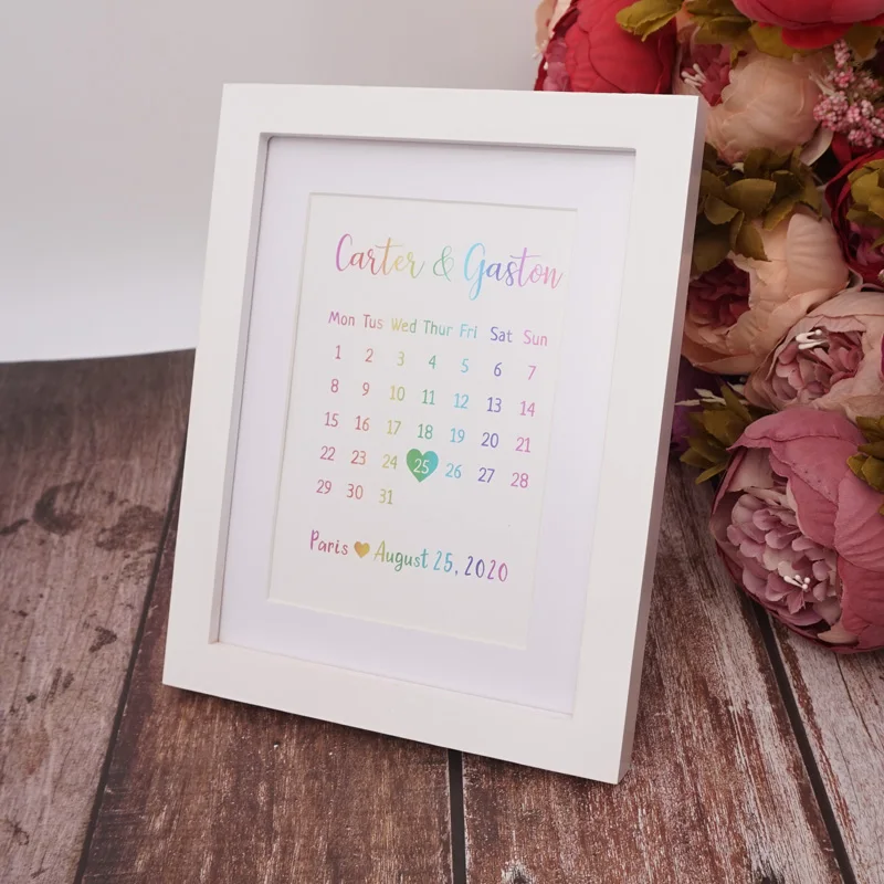 

Персонализированная Свадебная и помолвочная декоративная рамка под заказ с именем невесты и жениха деревянная рамка с календарем для годовщины фоторамка