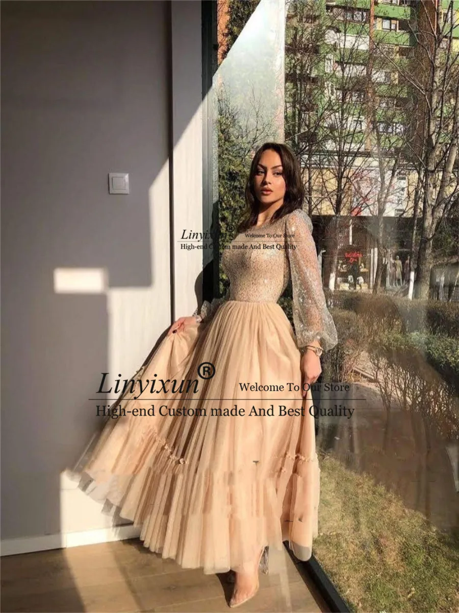 long prom dresses 2021 Modest Champagne A Line Tulle Prom Dresses Sparkly Long Sleeves Sheer Scoop Neck Ankle Length Formal Evening Gowns satin prom dress