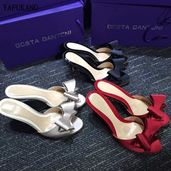 

2020 New Sweet Mule Women Slippe Silk Butterfly Knot Mules Slip-on Kitten Heels Slippers Satin Dress Casual Outdoor Shoes femme