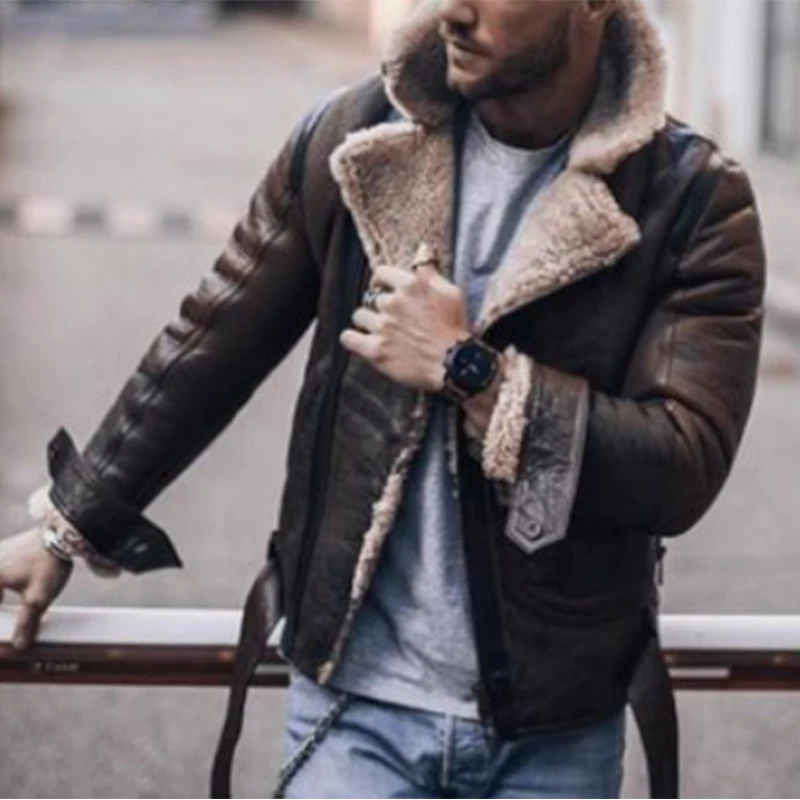 Men Winter Imitation Leather Jacket Biker Motorcycle Zipper Long Sleeve Coat Top