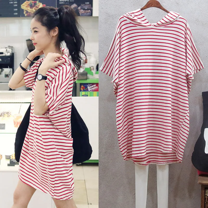 

2018 Summer New Style Korean-style Large Size Striped Dress Korean-style WOMEN'S Wear Mid-length Hooded Loose-Fit T-shirt