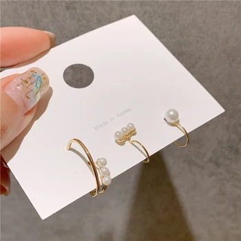 

Three-piece small pearl earrings Korean temperament fashion earrings ear clip earrings earrings exquisite Fashion Stud Earrings