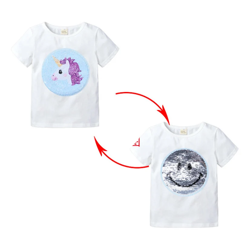 Милая футболка принцессы Эльзы и Анны От 2 до 8 лет для маленьких девочек хлопковая Двусторонняя одежда с блестками топы, футболки с рисунком и круглым вырезом - Цвет: L