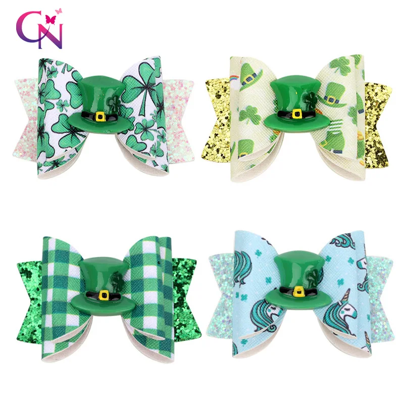 

CN 4 Pcs/lots 3" Glitter Plaid Hair Clips For Girls Kids Unicorn/Shamrock Printed Hair Bows Hairpins Fashion Hair Accessories