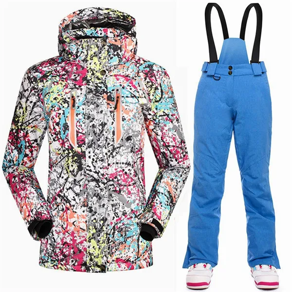 BULE SET SAENSHING, Теплая Лыжная куртка+ ремень, штаны для сноуборда, водонепроницаемый лыжный костюм, женские костюмы для сноубординга, женские уличные зимние комплекты - Цвет: BULE SET