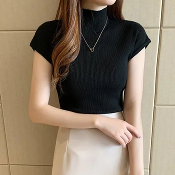 

Women's Solid Half Turtleneck Fashion Slim Knitted Short Sleeve T-Shirt 2020 Kroea Style Girls Tee All-Match Tops