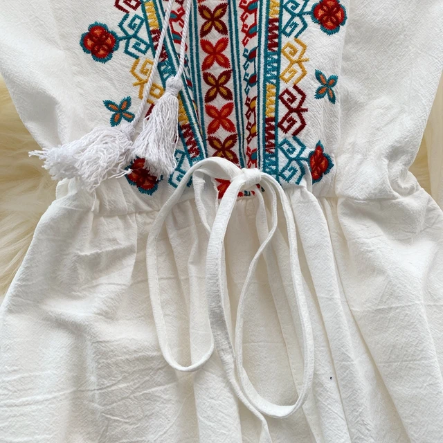 Linen Dress For Women With Embroidery, Long Sleeve Dress Elegant Ethnic Boho Bohemian White Clothes Beach Dresses 3