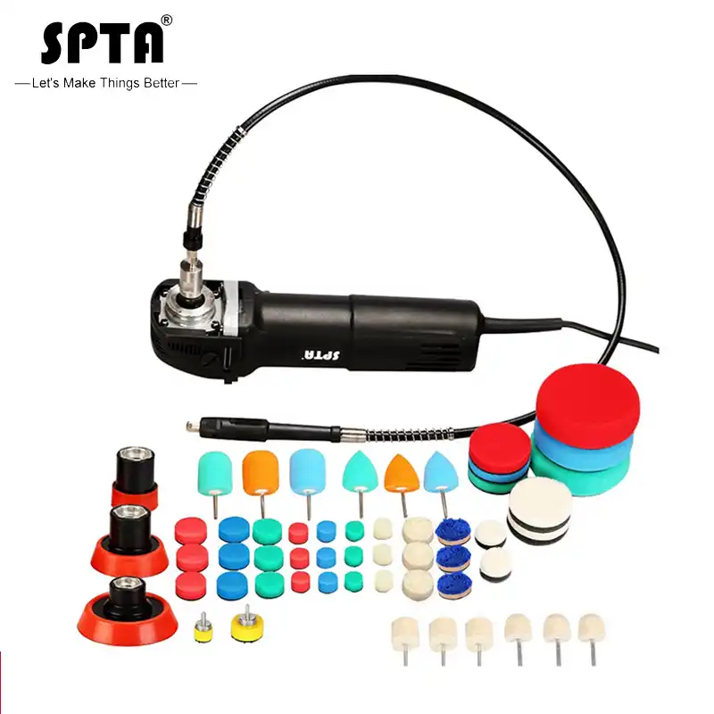 SPTA Mini Polishing Machine Buffer Rotary Polisher Auto Detailing Superpolish with 27Pcs Detail Polishing Pad Mix Size Kit Buffing Pad and 75mm,100mm,140mm M14 Thread Extension Shaft